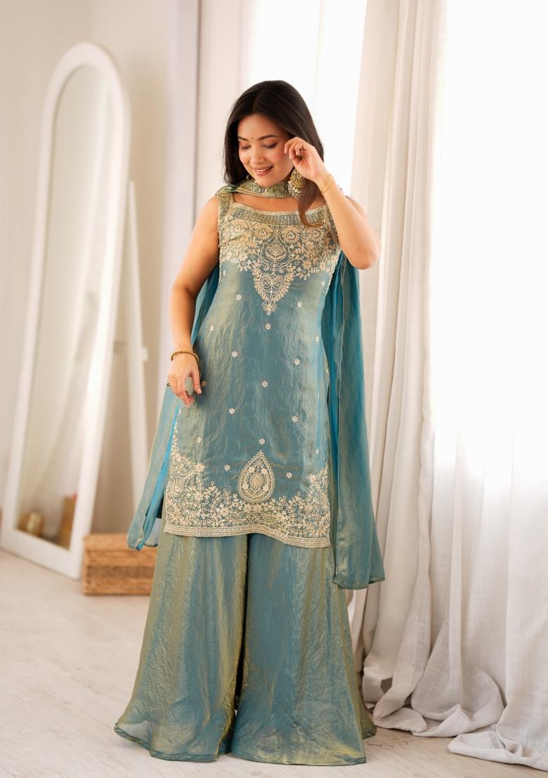 Blue Zari Work Silk Blend Kurta Set - Indya