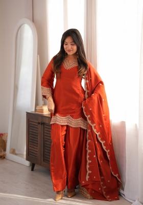 Orange Zari Work Silk Blend Kurta Set