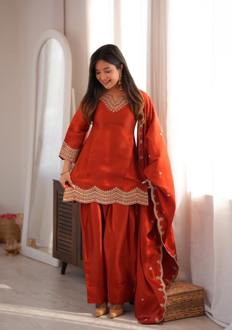Orange Zari Work Silk Blend Kurta Set - Indya