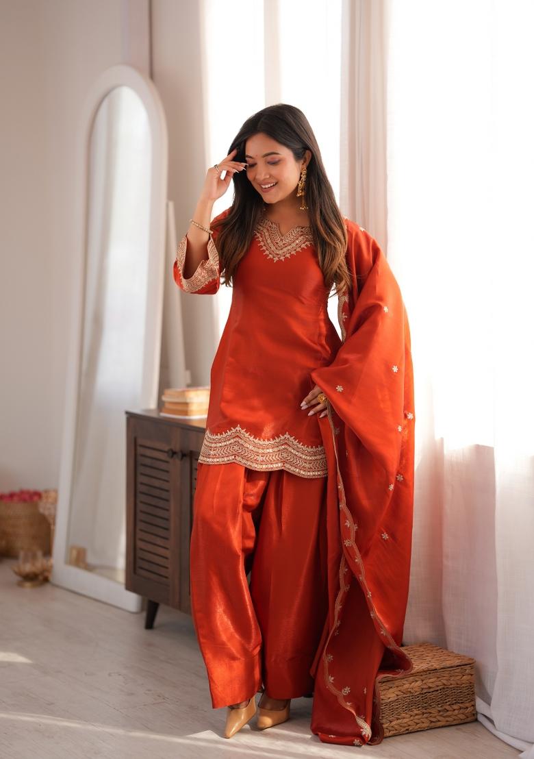 Orange Zari Work Silk Blend Kurta Set - Indya