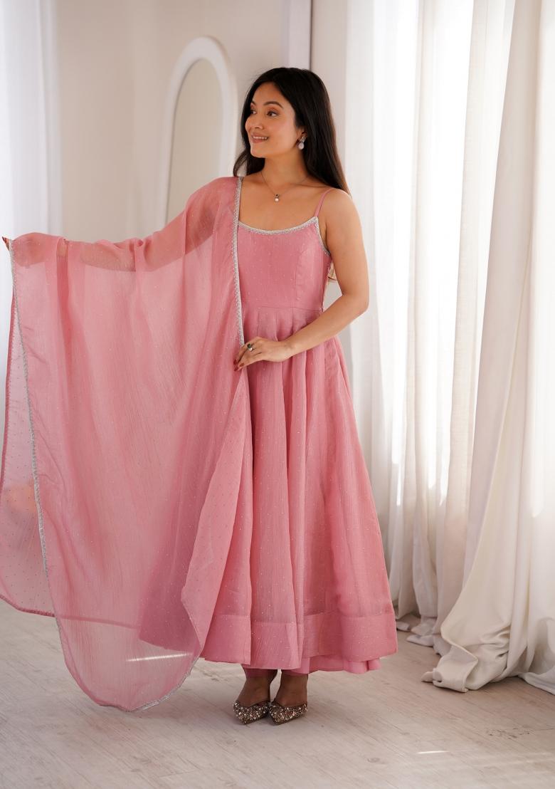 Dusty Pink Embroidered Silk Blend Kurta Set - Indya