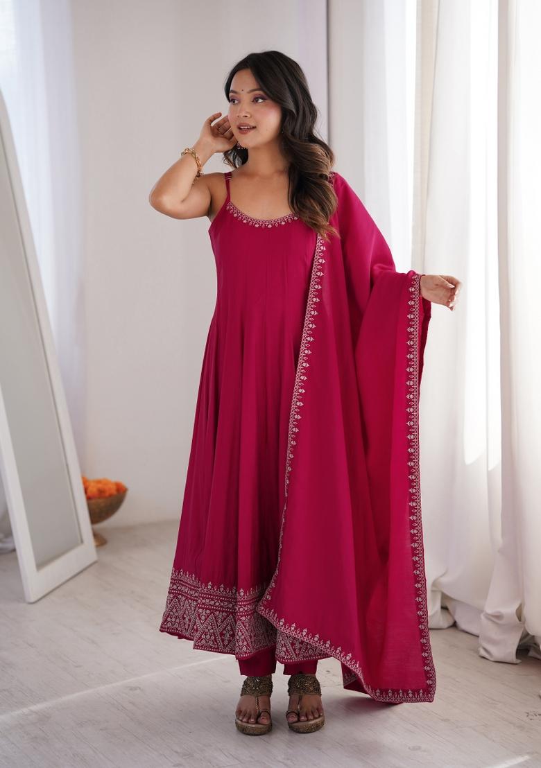 Rani Pink Embroidered Rayon Kurta Set - Indya