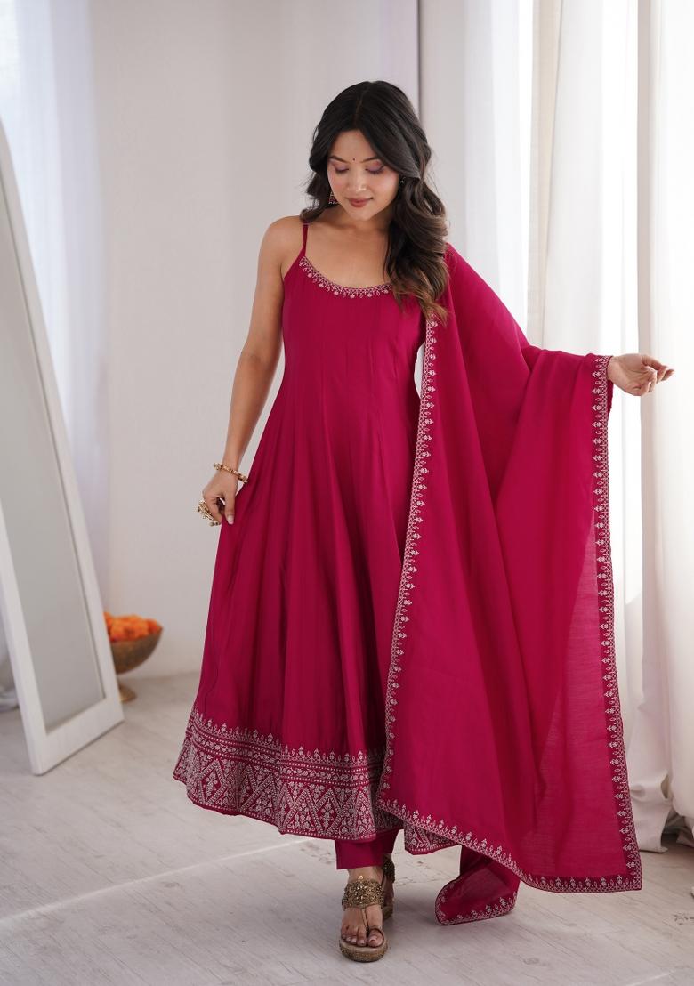 Rani Pink Embroidered Rayon Kurta Set - Indya