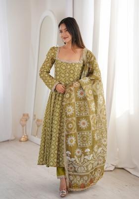 Green Mirror Work Muslin Kurta Set
