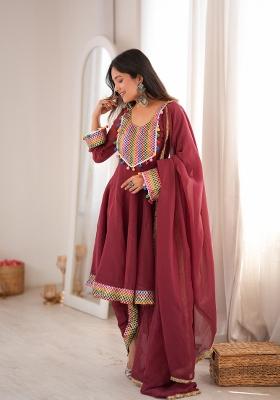 Maroon Embroidered Silk Blend Kurta Set