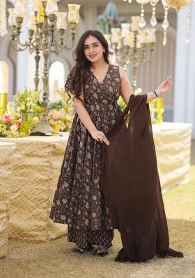 Brown Printed Muslin Kurta Set