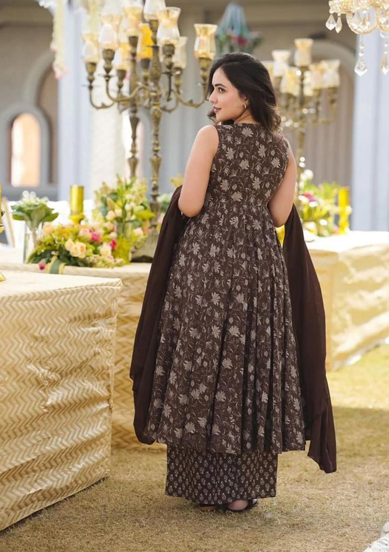 Brown Printed Muslin Kurta Set - Indya