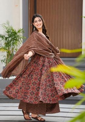Brown Printed Muslin Kurta Set