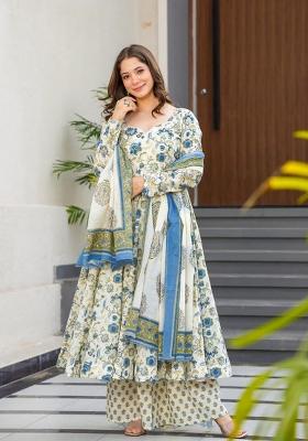 Blue Printed Muslin Kurta Set