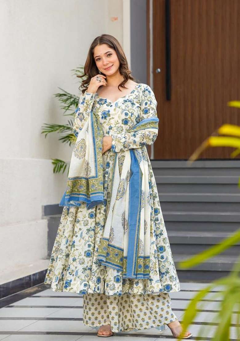 Blue Printed Muslin Kurta Set - Indya