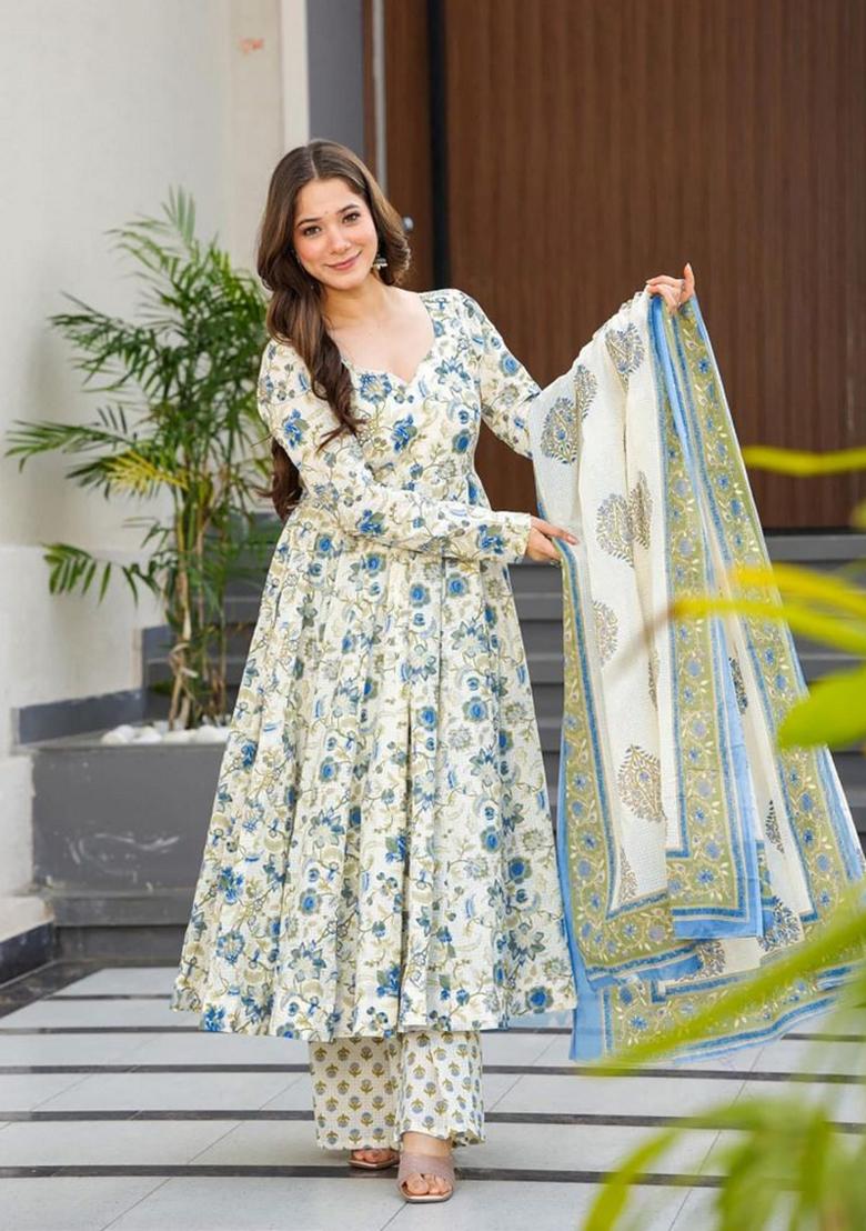 Blue Printed Muslin Kurta Set - Indya