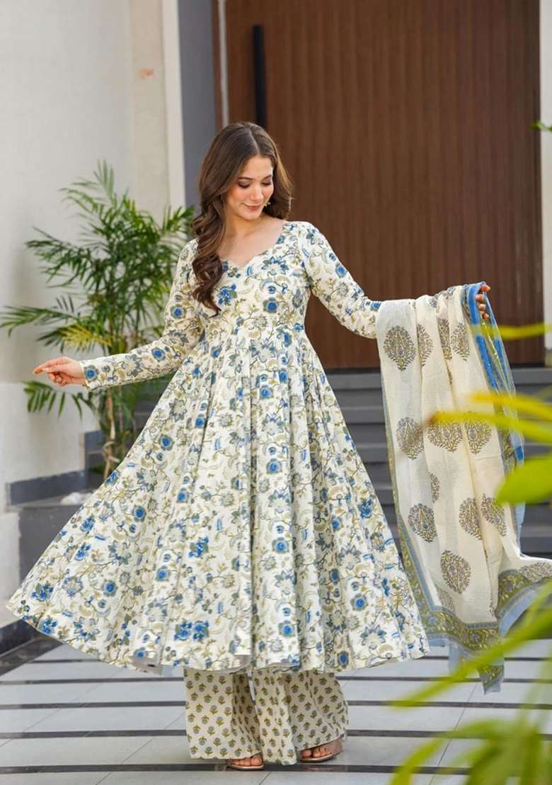 Blue Printed Muslin Kurta Set - Indya