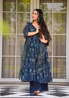 Aqua Blue Printed Muslin Kurta Set