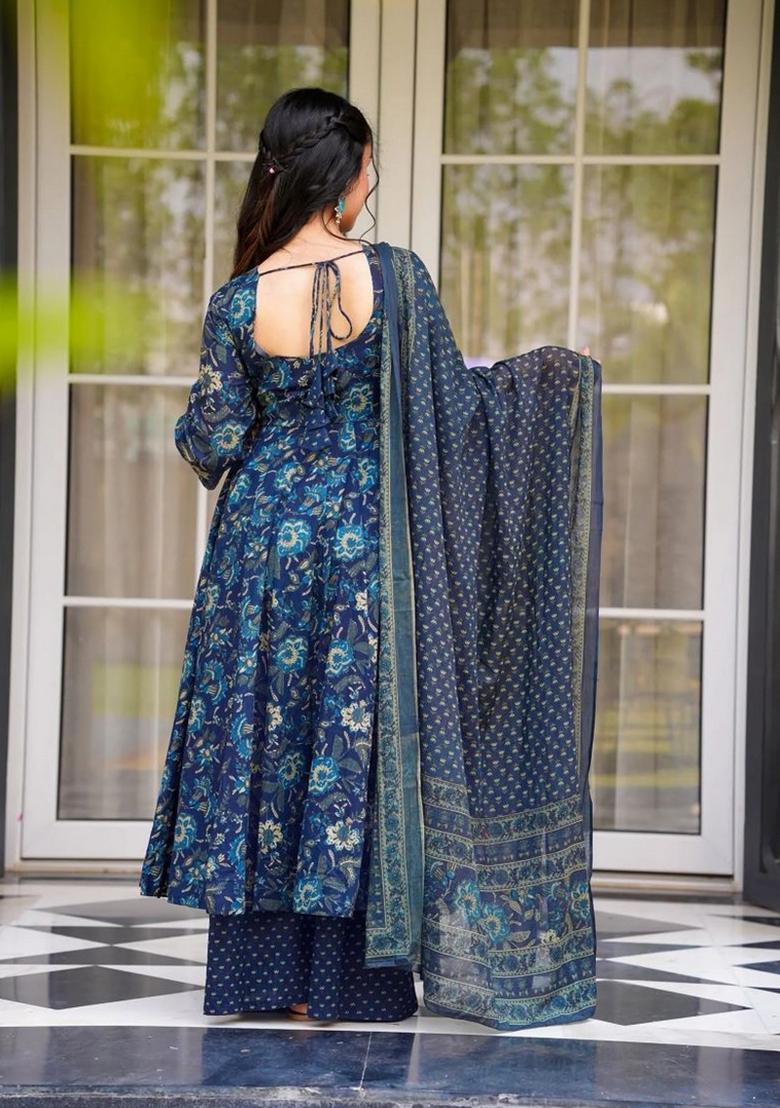 Aqua Blue Printed Muslin Kurta Set - Indya