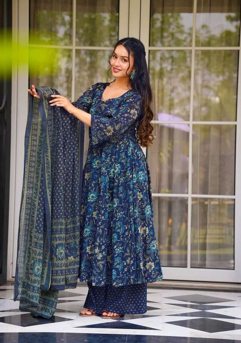 Aqua Blue Printed Muslin Kurta Set - Indya