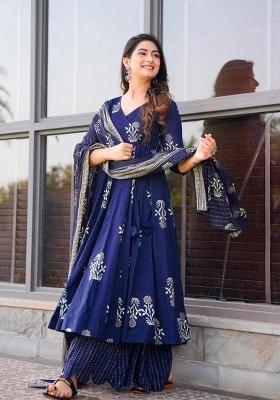 Royal Blue Printed Muslin Kurta Set