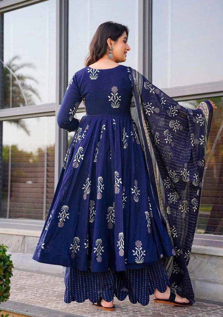Royal Blue Printed Muslin Kurta Set - Indya