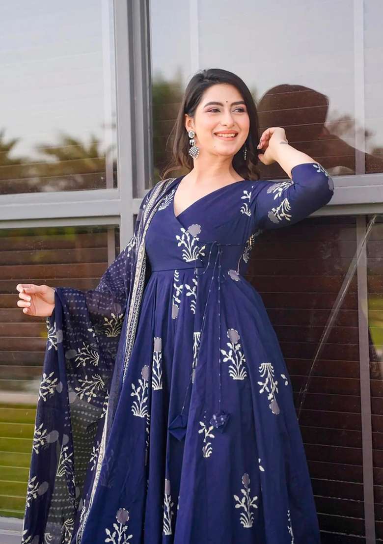 Royal Blue Printed Muslin Kurta Set - Indya