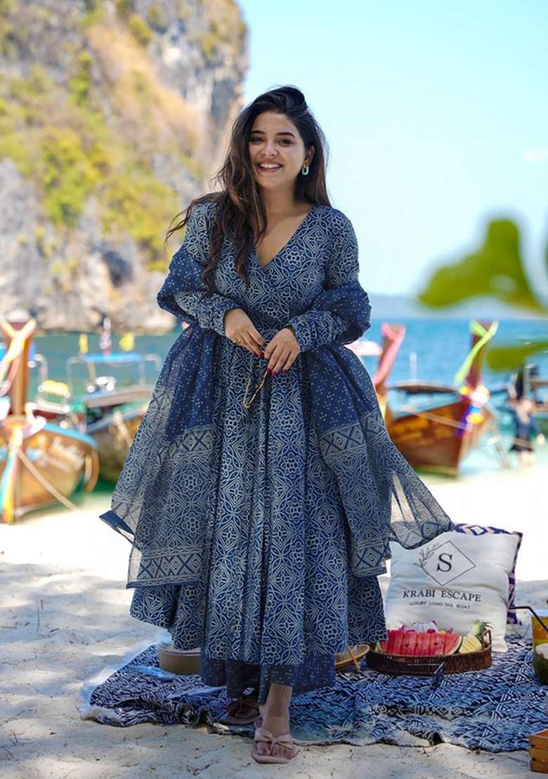 Navy Blue Printed Muslin Kurta Set - Indya