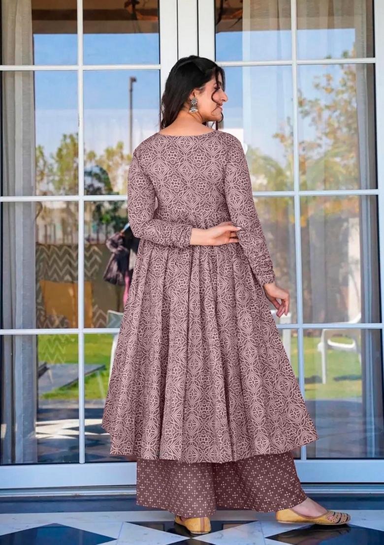Light Brown Printed Muslin Kurta Set - Indya