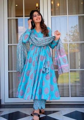 Electric Blue Printed Muslin Kurta Set