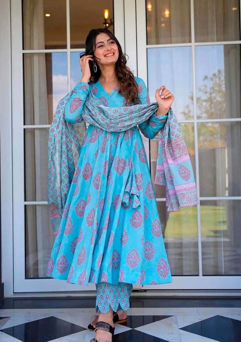 Electric Blue Printed Muslin Kurta Set - Indya