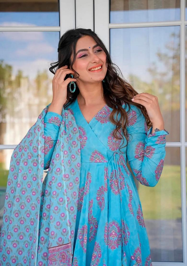 Electric Blue Printed Muslin Kurta Set - Indya