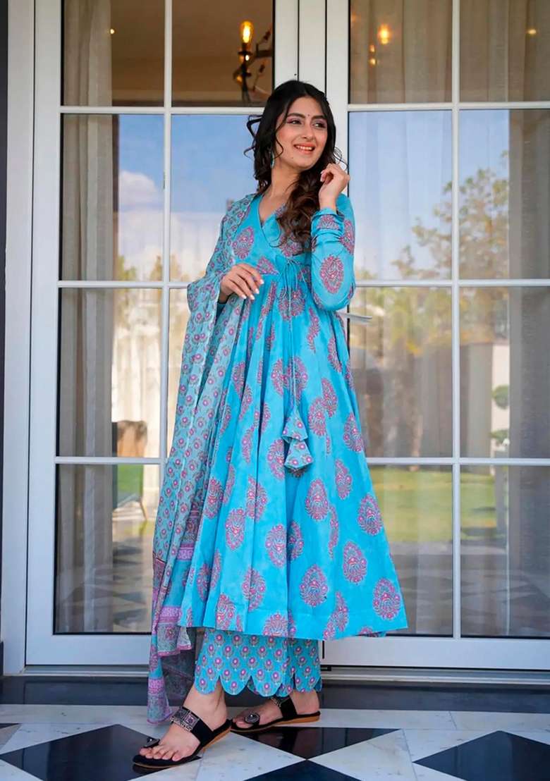 Electric Blue Printed Muslin Kurta Set - Indya