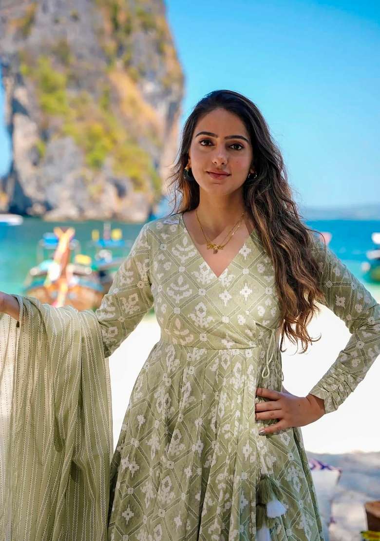 Light Green Printed Muslin Kurta Set - Indya