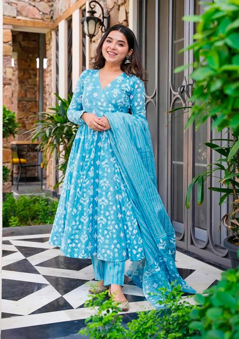 Sky Blue Printed Muslin Kurta Set - Indya