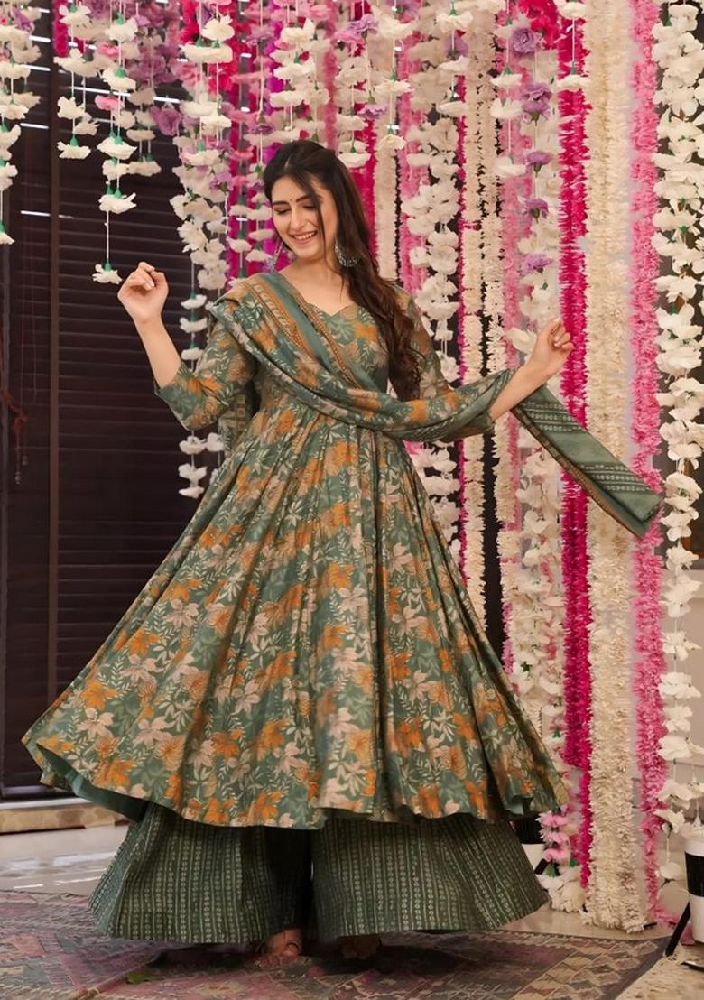 Lime Green Printed Muslin Kurta Set - Indya