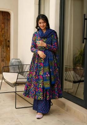 Blue Printed Muslin Kurta Set