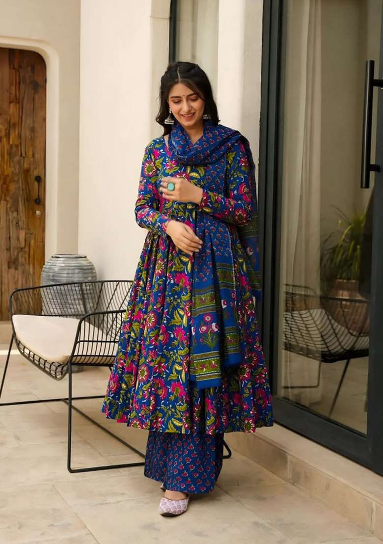 Blue Printed Muslin Kurta Set - Indya