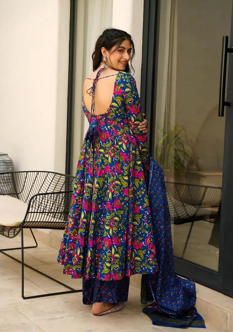 Blue Printed Muslin Kurta Set - Indya