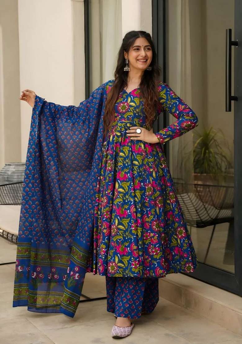 Blue Printed Muslin Kurta Set - Indya