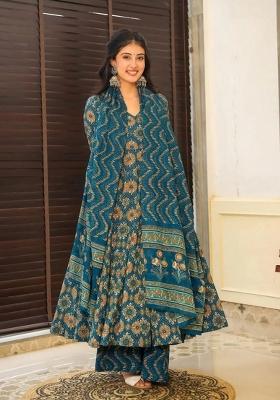 Blue Printed Muslin Kurta Set