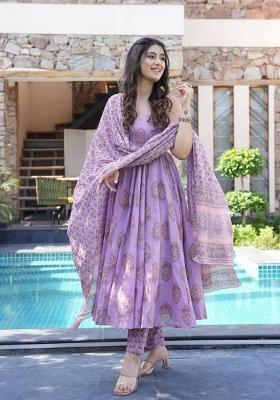 Light Purple Printed Muslin Kurta Set