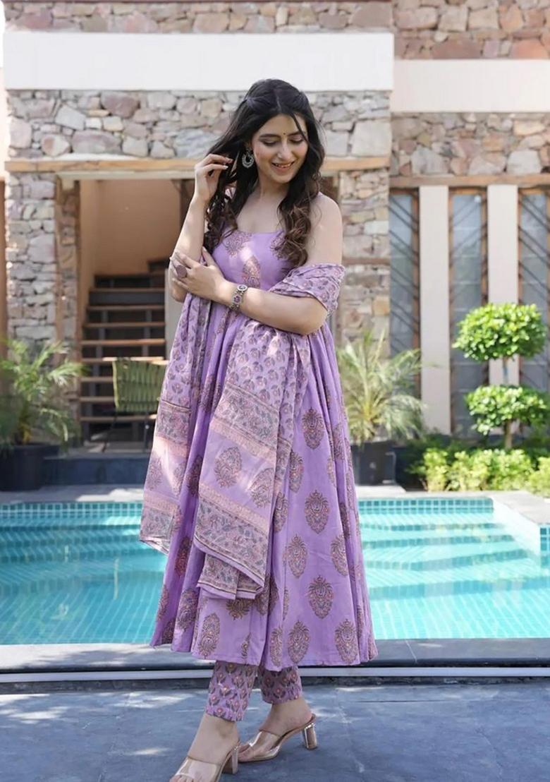Light Purple Printed Muslin Kurta Set - Indya