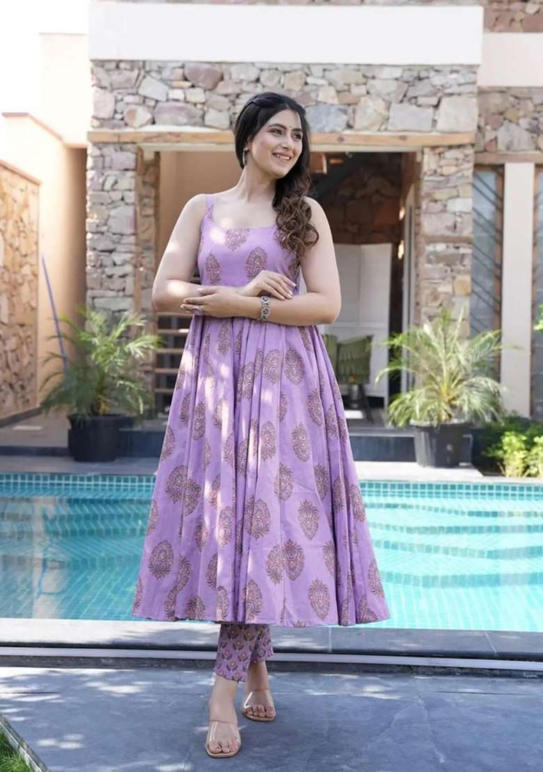 Light Purple Printed Muslin Kurta Set - Indya