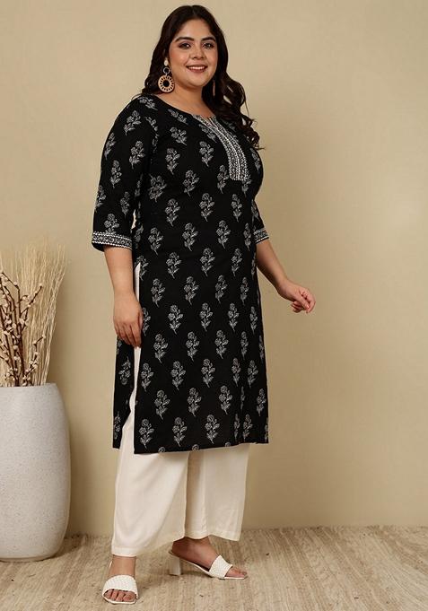 Black Printed Pure Cotton Kurta