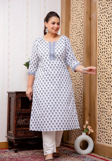 White Printed Pure Cotton Kurta