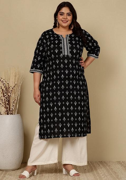 Black Printed Pure Cotton Kurta