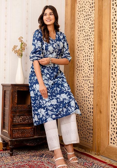 Navy Blue Printed Pure Cotton Kurta