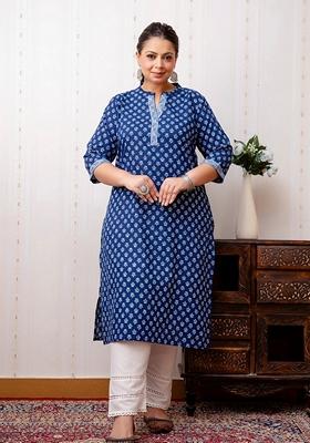 Blue Printed Pure Cotton Kurta