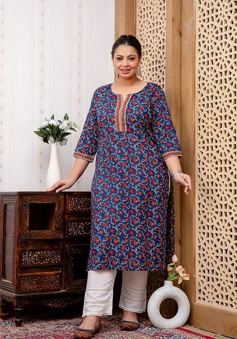 Blue Printed Pure Cotton Kurta