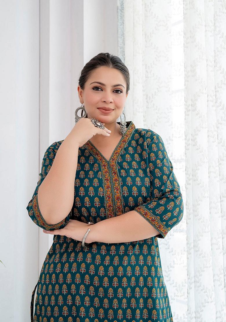 Green Printed Pure Cotton Kurta - Indya