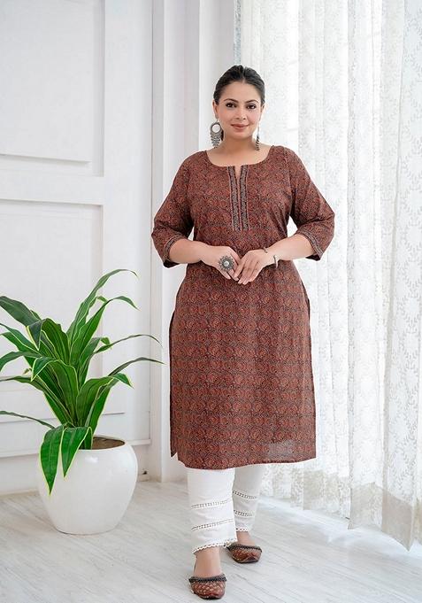 Rust Printed Pure Cotton Kurta