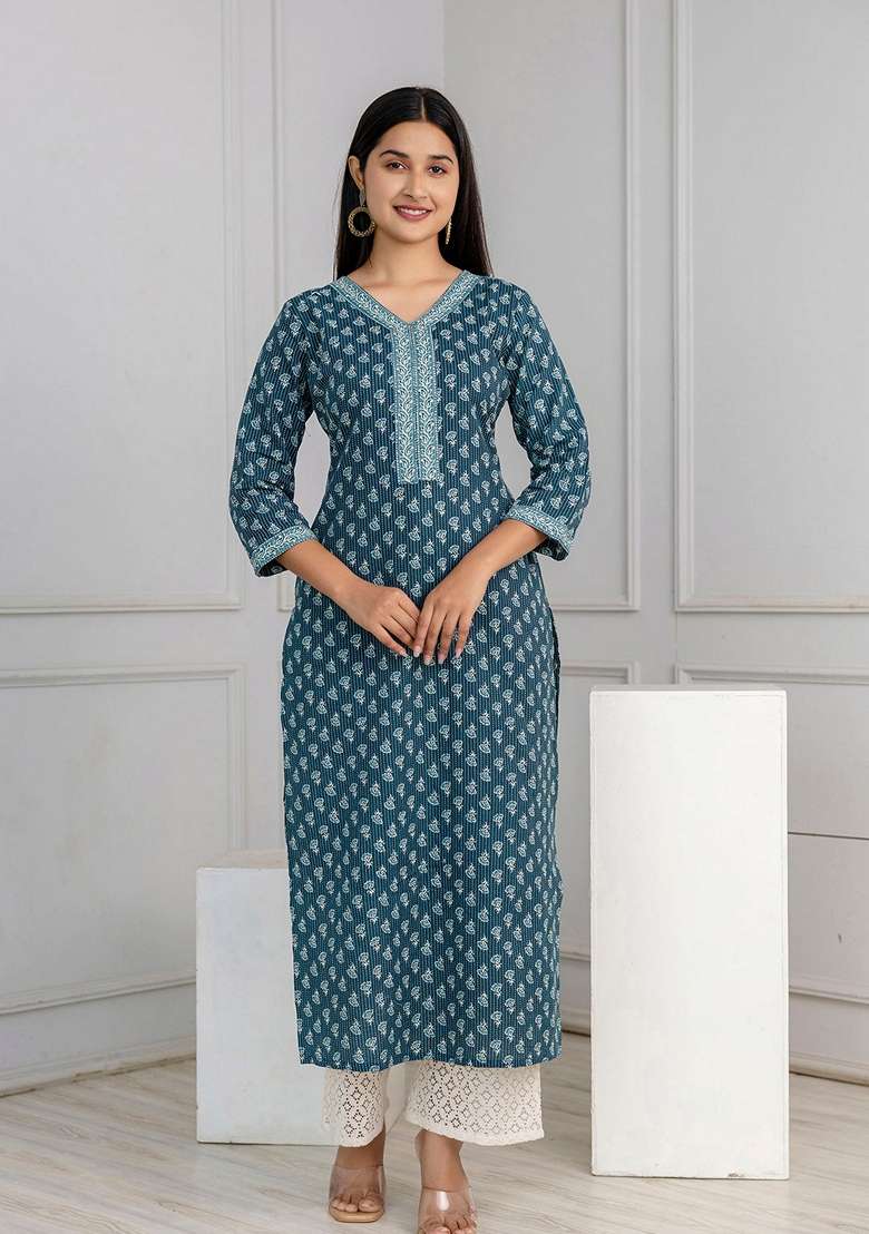 Green Printed Pure Cotton Kurta - Indya