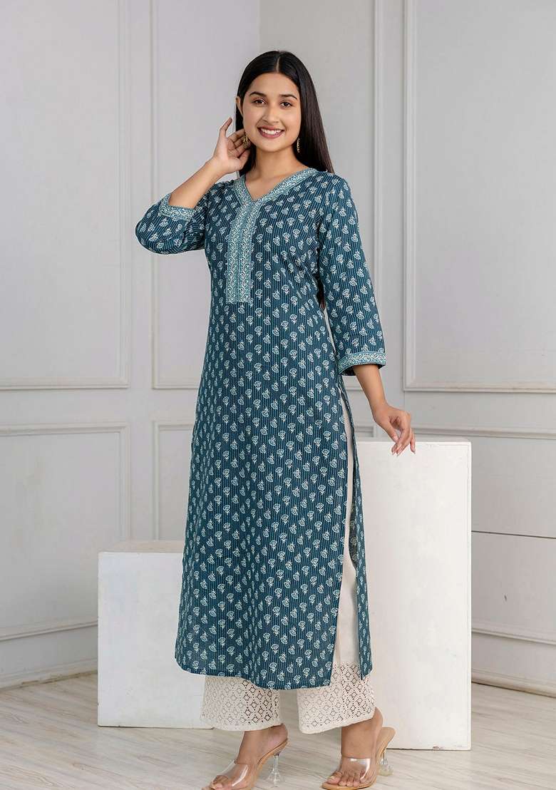 Green Printed Pure Cotton Kurta - Indya