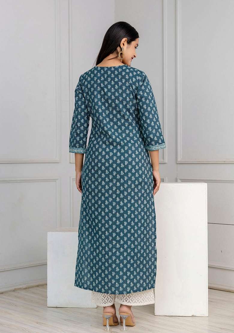 Green Printed Pure Cotton Kurta - Indya